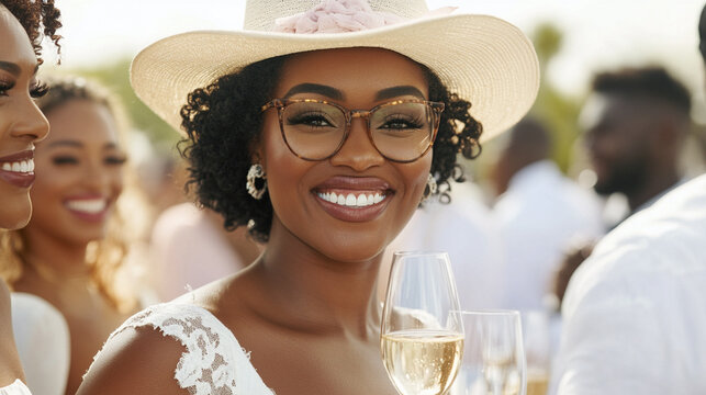 Confident mestizo african american woman with natural curly hair wearing a wide-brimmed straw hat and tortoiseshell glasses, enjoying a stylish outdoor summer party with friends. Elegant look.
