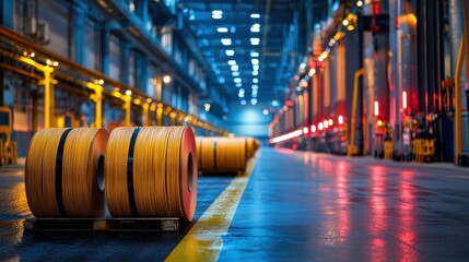 Massive Wooden Spools Stacked in an Industrial Warehouse with Electric Cables in a High-Fidelity Setting