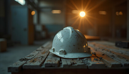 White hard hat resting on wooden planks in construction site with lens flare