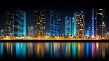Naklejka premium Night Cityscape Illuminated Skyscrapers Reflected in Water