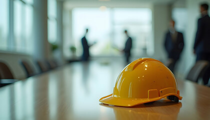 Yellow hard hat on conference table with blurred business team background