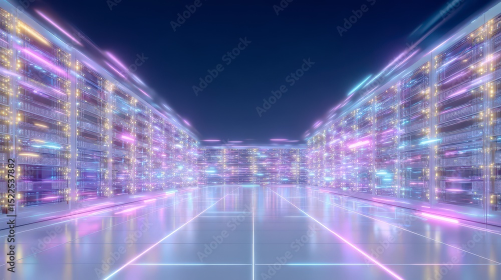 Poster futuristic server room data center network technology digital cloud high tech comp