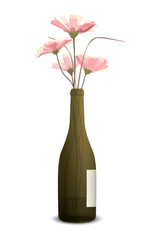 Pink flowers in the old green bottle of liquor isolated on white background graphic illustration.