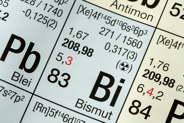 Bismuth German periodic table of elements macro close-up chemical physical description