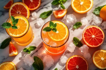 Citrus drinks with mint and ice on marble surface