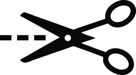 Black Scissors Cutting Dotted Line on White Background Cut Here!
