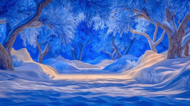 Enchanting Snowy Winter Night Park Scene  Illuminated Trees  Dramatic Lighting  High Resol