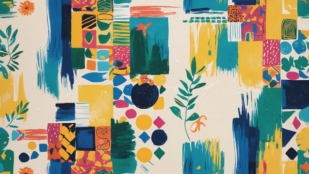 A vibrant and abstract pattern features a playful mix of brushstrokes, geometric shapes, and botanical elements in bold colors