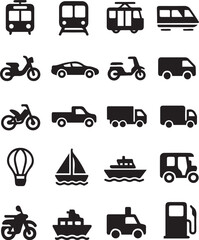 Set of Black Transportation Icons Car, Bus, Train, Bike, Airplane, Ship, Taxi, and Fuel