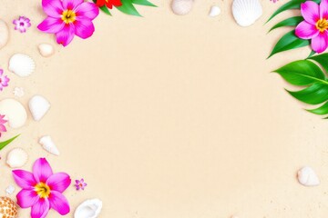 Floral and Shell Decorations on Sand Background for Celebrations