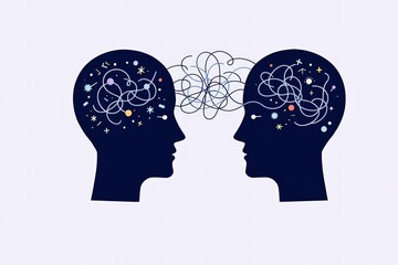 Illustration of two heads exchanging ideas and thoughts through abstract lines and shapes