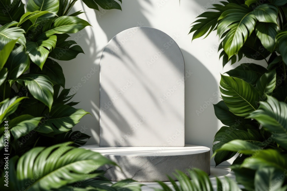 Poster minimalist display setting with foliage and stone background