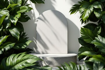 Minimalist display setting with foliage and stone background