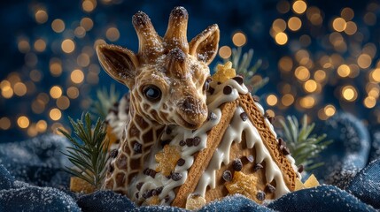 Naklejka premium Festive Gingerbread House with Adorable Giraffe Decoration Winter Holiday Dessert