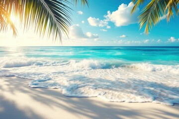 Pristine beach with clear blue ocean waves and palm trees