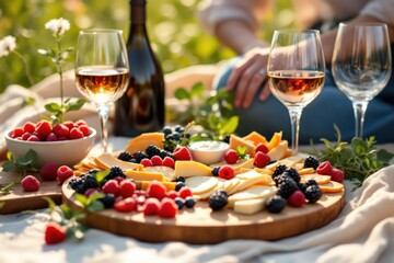 Picnic display of fruits cheese and wine on a sunny outdoor setting