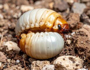 Naklejka premium Close-up of tan and white larvae resting on soil in a natural environment