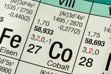 Cobalt German periodic table of elements macro close-up chemical physical description