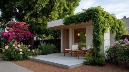 Modern tiny house featuring a cozy patio surrounded by lush greenery and vibrant flowers, creating a peaceful and inviting atmosphere in a charming garden setting