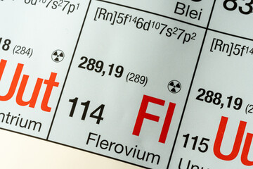 Flerovium German periodic table of elements macro close-up chemical physical description