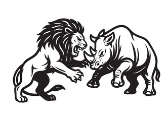 A fierce black and white vector illustration of a lion clashing with a rhinoceros. Perfect for logos, tattoos, and powerful wildlife-themed designs. Animals.