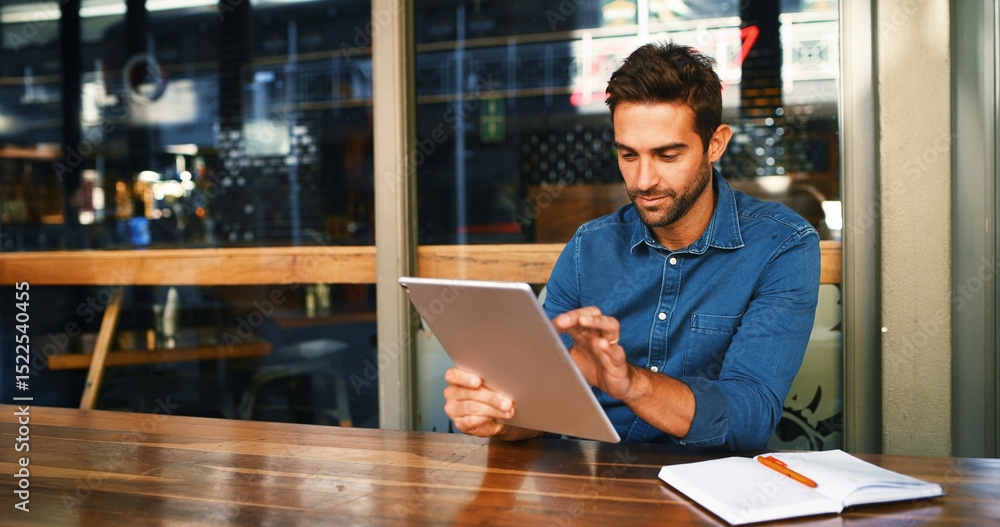 Poster remote work, man or typing with tablet at cafe for creative research, article submission and email. 