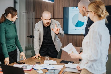 Obraz premium Team members engage in collaborative planning and discussion during a business meeting in a contemporary office setting, emphasizing teamwork, leadership, and professional communication.