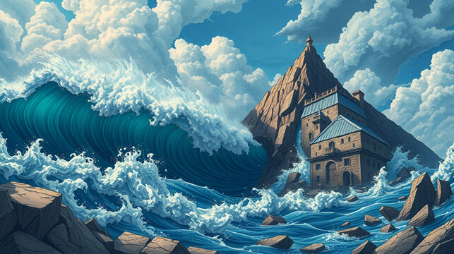 Surreal sea wave land-cracking earthquake intricate illustration artwork. cracked land rise powerful massive tsunami wave. natural forces dramatic impact on land.