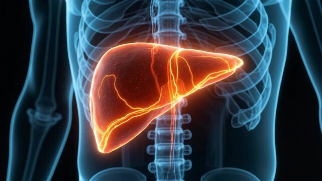 Xray photograph of human torso with visible liver anatomy in bright orange hue