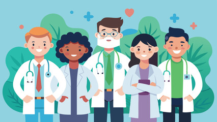 Obraz premium Diverse Team of Doctors and Healthcare Professionals Illustration with a Light Blue Backdrop