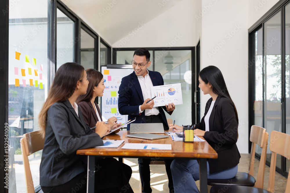 Poster group of business people working together with dashboard analysis and data management a meeting tabl