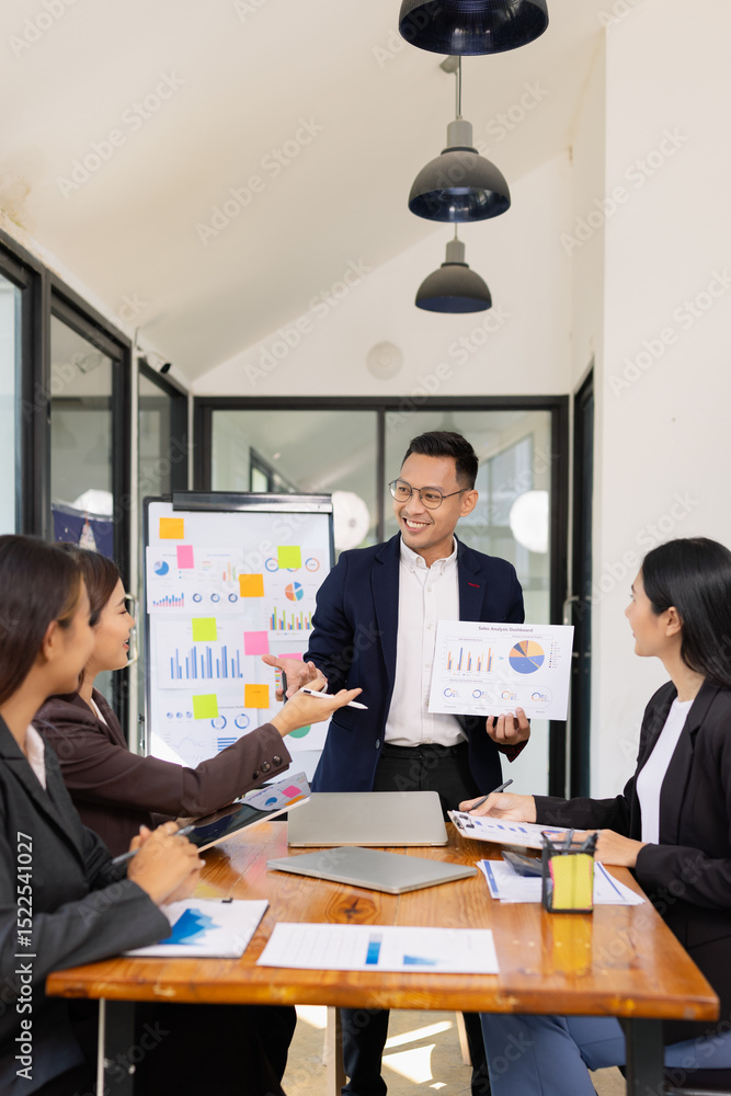 Poster group of business people working together with dashboard analysis and data management a meeting tabl