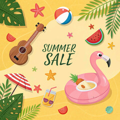 Summer banner template with flamingo float,ukulele,coconut drink,beach umbrella,watermelon,starfish,palm leaves and Summer sale discount text on yellow background,Promotion template for summer 
