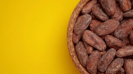 Obraz premium Raw Cacao Beans in Bowl Close Up Yellow Background Food Photography Chocolate Cocoa