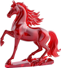 Ruby gemstone horse sculpture in mid-trot, reflecting rich light tones with sharp, smooth contours. 