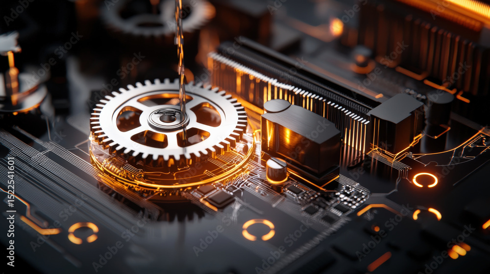 Aufkleber Close up of motherboard with intricate lines and gears, showcasing blend of technology and mechanics. glowing orange accents highlight complexity and precision of design