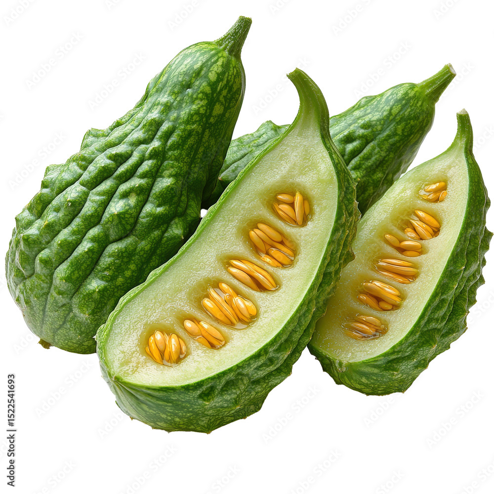 Leinwandbilder bitter melon with textured bumpy surface is shown isolated on transparency background, featuring its