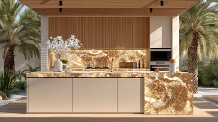 Luxury Beige Kitchen Island  Minimalist Design  Outdoor Setting  Palm Trees