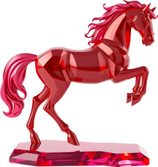 Ruby gemstone horse sculpture in mid-trot, reflecting rich light tones with sharp, smooth contours. 