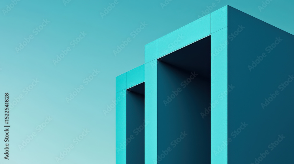 Poster modern architectural structure with clean lines and minimalist design stands against clear blue sky,