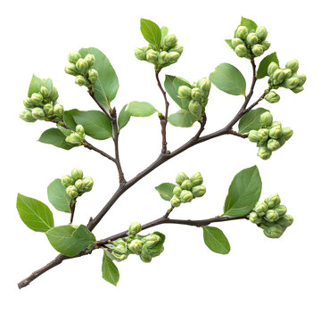 Branch with clusters of green buds and leaves is isolated on transparency background, showcasing nature intricate details and vibrant colors