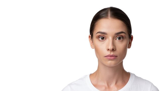 Sequence of female portraits in passport-style on white background, captured in stop-motion to show subtle facial changes.