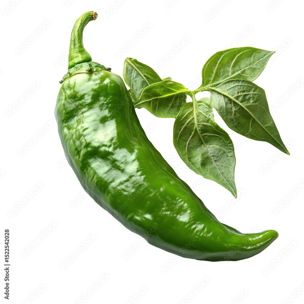 Poster green chili pepper with leaves isolated on transparency background, showcasing its glossy texture an