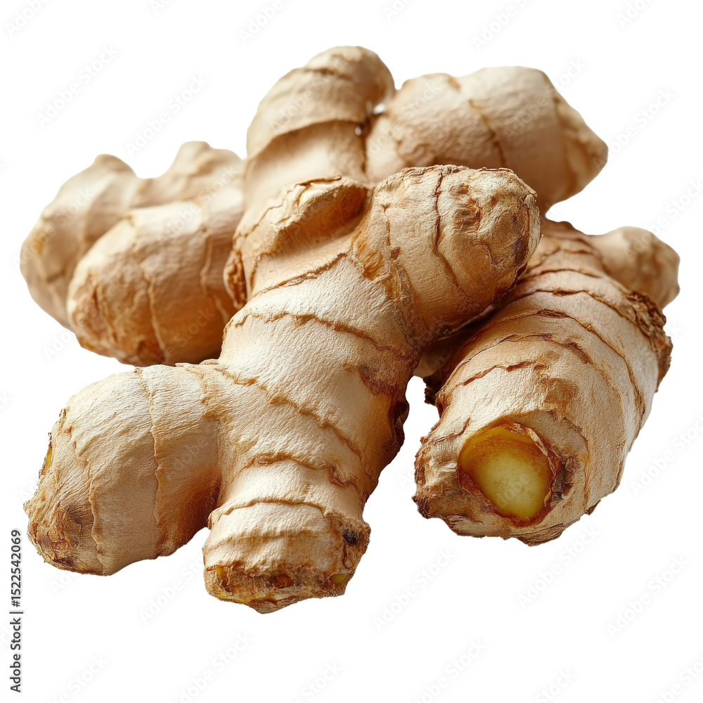 Poster curved ginger root with natural knobs isolated on transparency background, showcasing its textured s