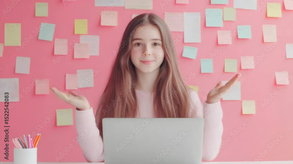 Poster Young programmer with closed eyes immerses in developing new software on a laptop, surrounded by colorful sticky notes against a vibrant pink wall, embodying creativity and focus