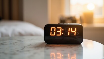 Digital alarm clock displaying time in modern bedroom setting  