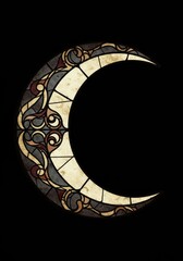 A crescent moon featuring a Gothic stained glass pattern, set against a solid black background.
