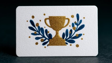 Obraz premium Gold Trophy Award Glitter Design Navy Blue Leaves Success Card