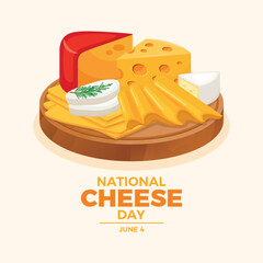National Cheese Day poster vector illustration. Various types of cheese on a wooden board vector. Cheese platter with sliced cheese drawing. Template for background, banner, card. 4 June