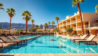Sun-drenched Palm Springs hotel pool, chaise lounges,   heat, Palm Springs